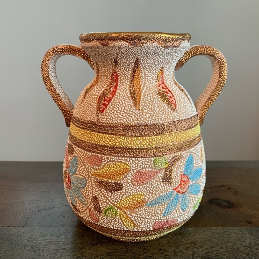 Italian Vase Double Handles Textured Flowers Handpainted Signed Italy 7/7005 Vtg